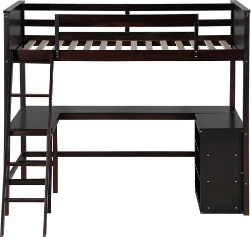 Miniatura 4 de Harper & Bright Designs Cama tipo loft individual con escritorio y 3 estantes, marco de cama tipo loft de madera maciza con escalera en ángulo