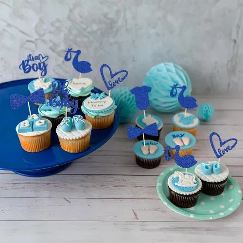 Miniatura 4 de Gyufise Paquete de 36 adornos para cupcakes "It's a Boy" con corbata, mameluco de amor, corazón, azul profundo, purpurina azul oscuro, decoración