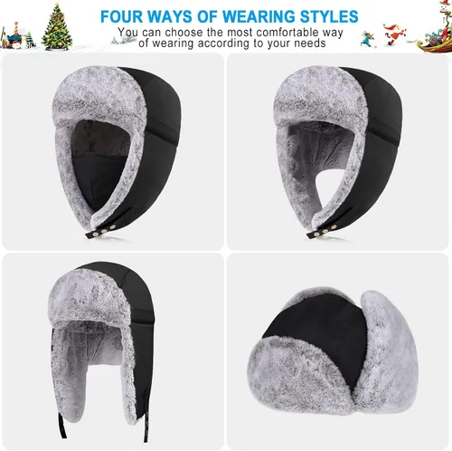 Miniatura 5 de POL PARKMAN Sombrero de trampero de invierno para hombres y mujeres, sombrero de aviador ruso Ushanka cálido frío para esquí, caza, negro, Negro