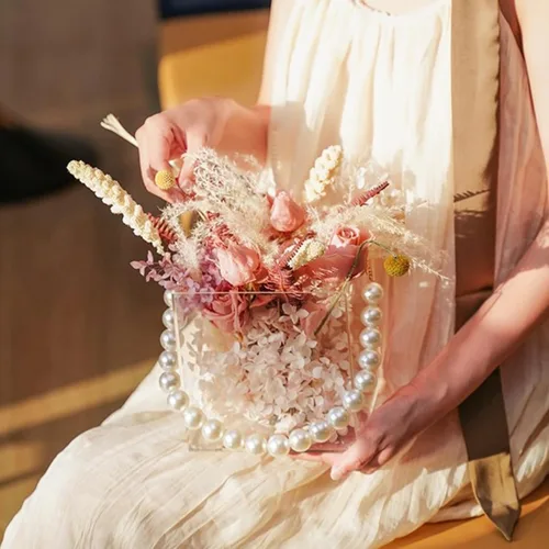 Miniatura 7 de Cesta de flores para niña, cesta de boda, cesta de pétalos con cinta de acrílico para confeti (perla)