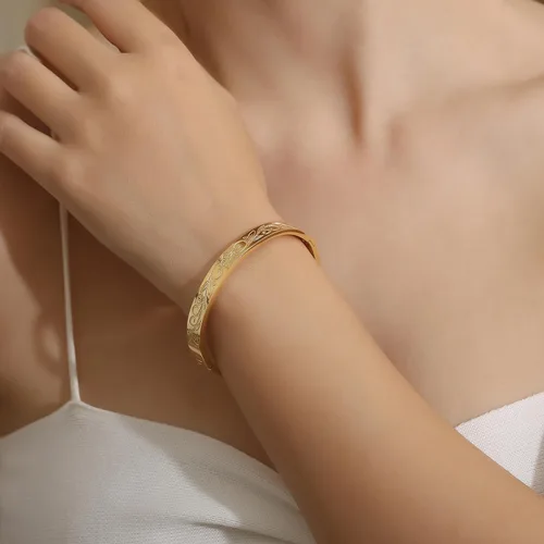 Miniatura 3 de Pulsera de acero inoxidable para mujer con flor de la vida grabada en oro, Acero inoxidable, No es una piedra preciosa