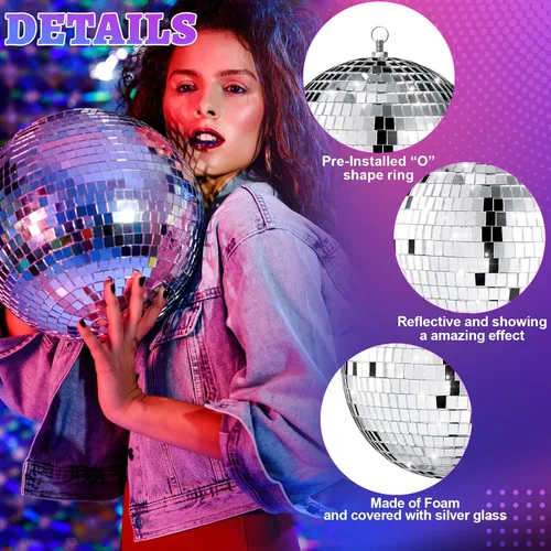 Miniatura 4 de Libima Paquete de 12 Bolas de Discoteca Grandes de Navidad Decoración de Diferentes Tamaños Espejo Plateado Colgantes Adornos de Bola de Discoteca