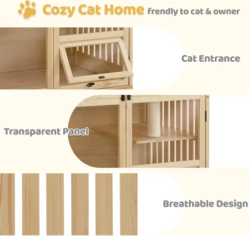 Miniatura 5 de MCombo Casa de madera para gatos de interior, condominio para gatos con entrada, jaula de gatito Catio con puertas y ruedas bloqueables, CT291