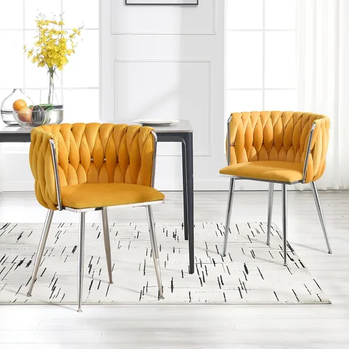 Miniatura 24 de Juego de 2 sillas de comedor de terciopelo, sillas de comedor tapizadas tejidas, sillones de ocio de lujo, sillas decorativas modernas con patas