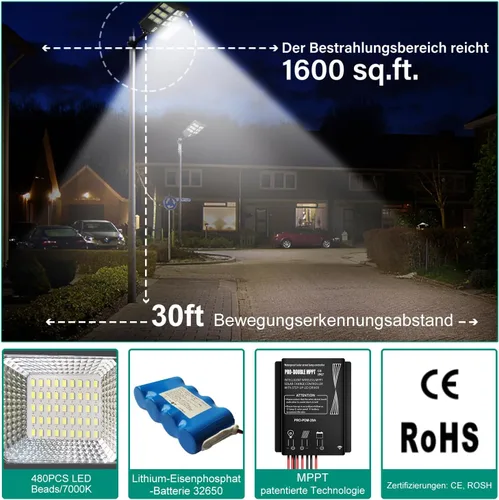Miniatura 4 de Gebosun Luz de inundación solar de 600 W para exteriores, 60000 lm 7000 K, luz solar LED de seguridad solar IP65 impermeable del atardecer al