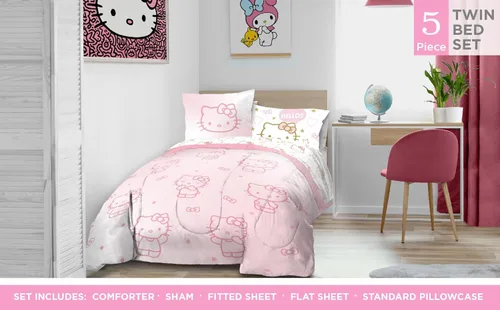 Miniatura 2 de Jay Franco - Juego de edredón individual de Hello Kitty, 5 piezas de ropa de cama que incluye juego de sábanas y fundas de almohada, ropa de cama
