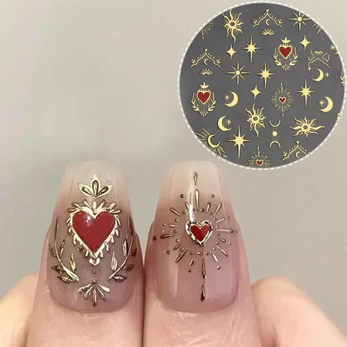 Miniatura 6 de 8 hojas de calcomanías doradas para arte de uñas, sol, estrella, luna bronceadora, calcomanías de uñas autoadhesivas 3D, calcomanías de uñas