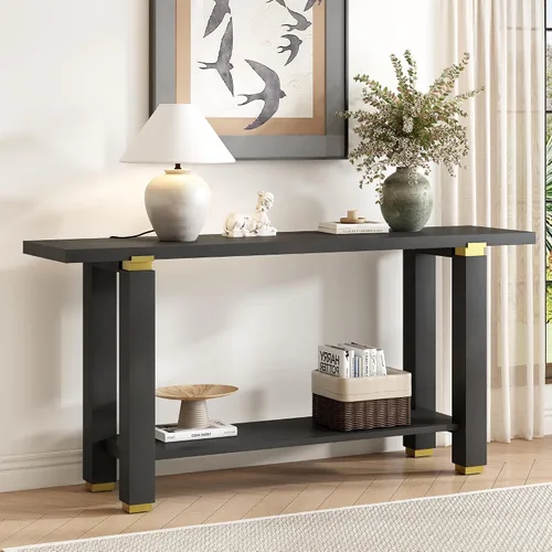 Miniatura 13 de Elegante mesa consola de 63 pulgadas con chapa de pino y patas geométricas, aparador de buffet versátil, mesa auxiliar de madera extra larga