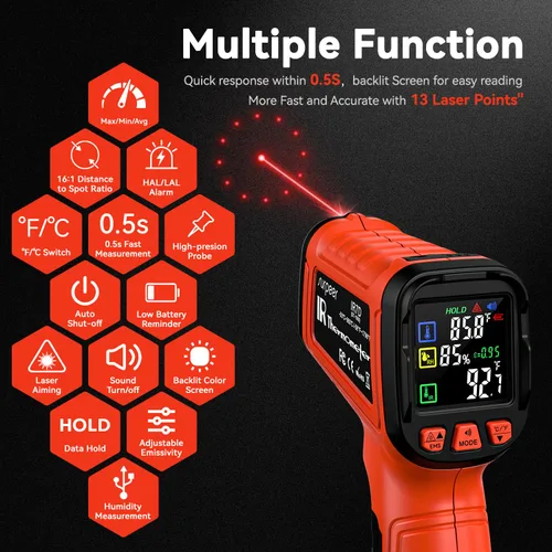 Miniatura 2 de Pistola de temperatura de termómetro infrarrojo -58°F a 1796°, pistola termómetro láser sin contacto 16:1 con sonda de termopar para humedad, horno
