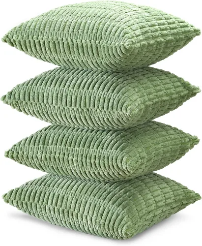 Miniatura 7 de OTOSTAR Juego de 4 fundas de almohada decorativas de pana suave de 18 x 18 pulgadas, fundas de almohada cuadradas a rayas bohemias para decoración