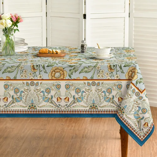 Horaldaily Mantel Rectangular Rústico 60x120 Pulgadas, Mantel Floral Vintage Lavable con Diseño de Pájaros, Cubierta de Mesa de Temporada para