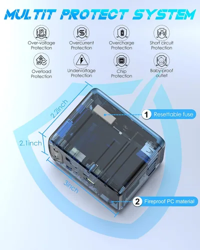 Miniatura 6 de Adaptador de viaje universal, carga rápida PD de 35 W y 2 USB C 3 USB A y salida de CA de 2500 W, adaptador de corriente internacional para Europa