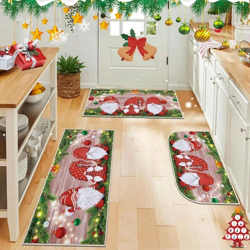 Juego de 3 tapetes de cocina de Feliz Navidad, alfombras antideslizantes de cocina para invierno y fiestas navideñas Xmas, alfombra cómoda para