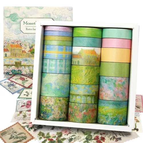 Juego de 20 rollos de cinta washi vintage y 30 calcomanías para sellos de plantas naturales florales, cinta adhesiva estética para suministros de