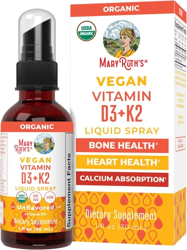 Spray líquido vegano de vitamina D3+K2 (MK-7) con ingredientes biológicos de MaryRuth a base de plantas, vegano sin OGM, sin gluten, ketogénico y