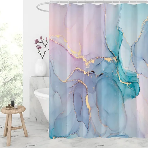 Miniatura 21 de Gibelle - Cortina de ducha pequeña de 36 x 72 pulgadas, cortina estrecha de medio tamaño abstracta azul gris mármol, juego de cortina de ducha