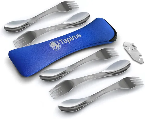 Tapirus – Set de 5 utensilios de acero inoxidable Spork | duraderos y a prueba de óxido | cuchara, tenedor y cuchillo | para campamento, pesca, caza