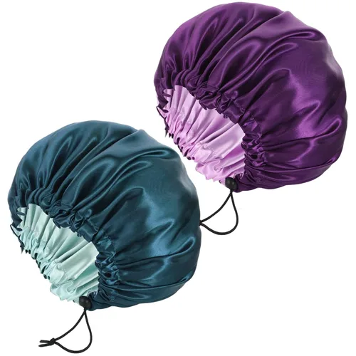 Miniatura 7 de Paquete de 2 gorros de satén para dormir, gorra de satén de doble capa para cabello natural y rizado