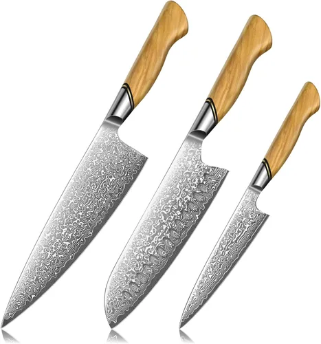 TIVOLI Juego de cuchillos de cocina de Damasco, Juego de 3 cuchillos de chef japoneses, Cuchillo Santoku de Damasco VG-10 con mango de madera de