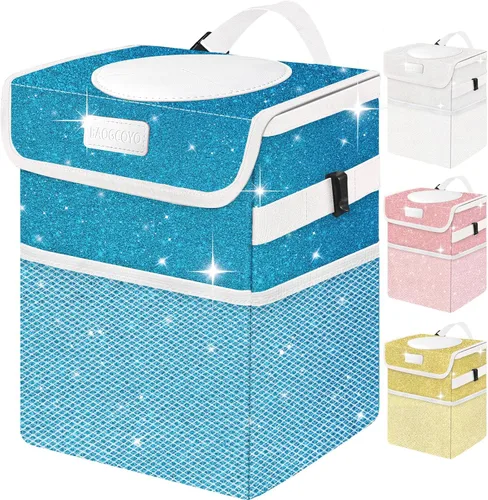Miniatura 11 de Bonita mini bolsa de basura para automóvil con tapa, cubo de basura con purpurina para colgar para asiento trasero, asiento delantero/consola