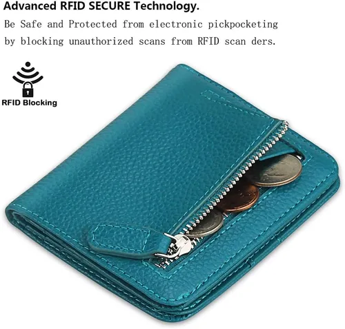 Miniatura 3 de Funtor Cartera de cuero para mujer, pequeña y compacta, con bolsillo doble, bloqueo RFID, para mujer