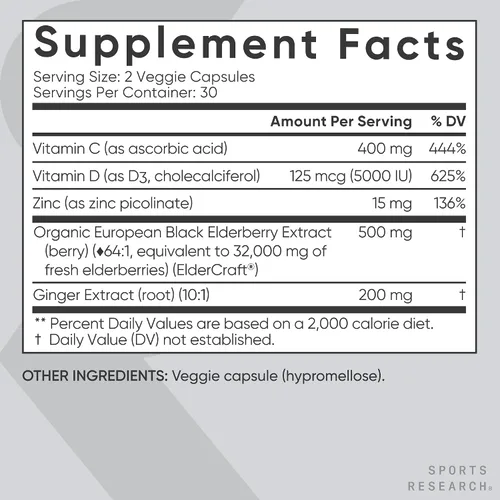 Miniatura 5 de Sports Research® Soporte inmunológico diario de saúco con zinc, vitamina C, jengibre y vitamina D3 5000iu, sin gluten, verificado sin OMG, sin soja
