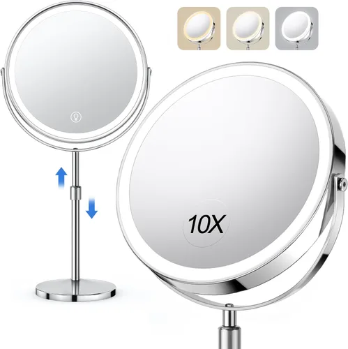 UBYMET Espejo de maquillaje iluminado, altura ajustable, doble cara, aumento 1x/10x con 3 colores, brillo ajustable, rotación de 360°, regalo para