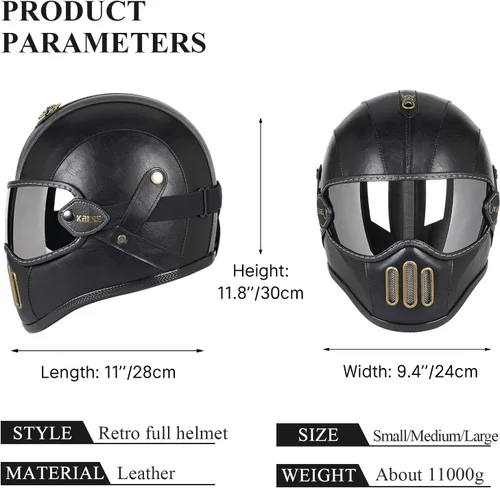 Miniatura 7 de Casco retro de motocicleta de cara completa de cuero de fibra de vidrio para hombres y mujeres Street Off-Road Ciclomotor Racing ATV Motocross