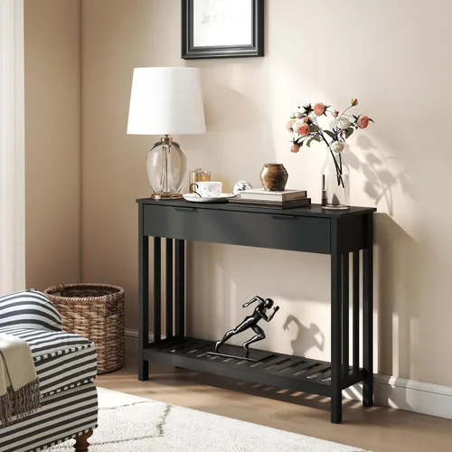 Miniatura 5 de TaoHFE Mesa de entrada negra con cajón, mesa consola estrecha moderna de madera con almacenamiento, mesa de pasillo, mesas de sofá para sala