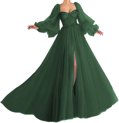 Vestidos de graduación de tul con manga abombada con abertura 2025, vestido largo de baile de novia, vestidos formales para mujer, fiesta de noche