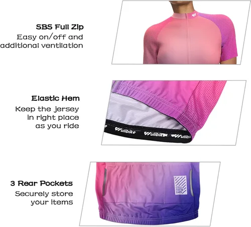 Miniatura 3 de Wulibike Camiseta de ciclismo para mujer, manga corta, camisetas de bicicleta para mujer, camiseta de ciclismo con tres bolsillos