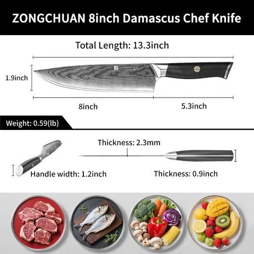 Miniatura 6 de Cuchillo de chef, cuchillo de damasco de 8 pulgadas, cuchillo de cocina de acero inoxidable de alto carbono de 67 capas, cuchillos de corte afilados