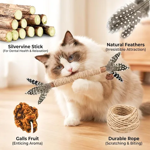 Miniatura 3 de Juguetes para gatos, paquete de 7 unidades, juguete de plumas de gato con silvervine, palo para masticar para gatitos, golosina de hierba gatera