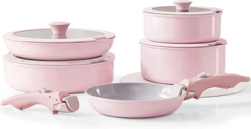 Vkoocy - Juego de ollas y sartenes rosas antiadherentes con mango removible, juego de utensilios de cocina de cerámica con mango desmontable, ollas