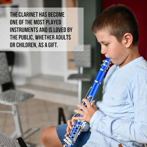 Miniatura 7 de Soulmate Bb Flat - Clarinete para estudiantes principiantes con 17 teclas de níquel con 2 barriles y kit de limpieza para clarinete, color azul