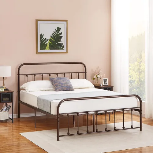 Miniatura 12 de VECELO Base de cama, plataforma de metal tamaño Queen con cabecero y estribo, base de colchón de soporte de listones de acero de alta calidad,