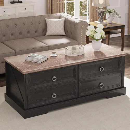 Miniatura 11 de Lareth - Mesa de café con almacenamiento, mesa de centro rústica de madera de 47.2 pulgadas con 4 cajones para sala de estar, mesa de té