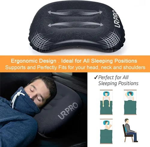 Miniatura 3 de Almohada inflable ultraligera de viaje para campamento, compresible, compacta, cómoda, ergonómica, para cuello y campamento de apoyo lumbar, Negro