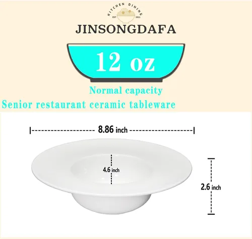Miniatura 2 de Tazón de sopa, plato de sopa con borde de 12 onzas, juego de 4 cuencos para pasta, plato blanco poco profundo, cuenco de sopa de cerámica de borde
