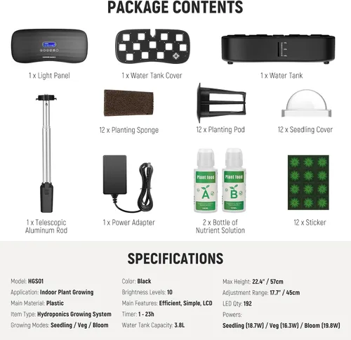 Miniatura 9 de NEEWER Basics - Kit de sistema de cultivo hidropónico con luz LED para plantas, 3 modos de crecimiento/12 vainas/temporizador/LCD/bomba silenciosa
