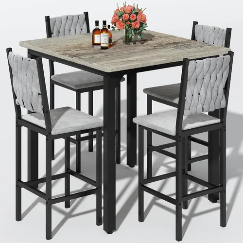 AWQM Juego de mesa de comedor de 5 piezas, juego de mesa de comedor para 4, mesa de altura de mostrador y 4 taburetes de bar de terciopelo, juego de