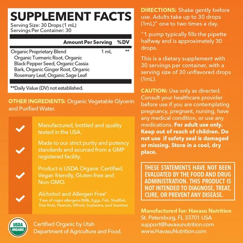 Miniatura 2 de USDA - Gotas líquidas de cúrcuma orgánica con pimienta negra, suplemento de curcumina de 1000 mg para salud inmune y digestiva, 30 porciones
