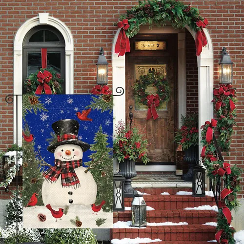 Miniatura 2 de AVOIN colorlife Muñeco de nieve azul con bufanda Bandera de jardín de Navidad 12x18 pulgadas de dos vistas, Bandera decorativa de patio de invierno