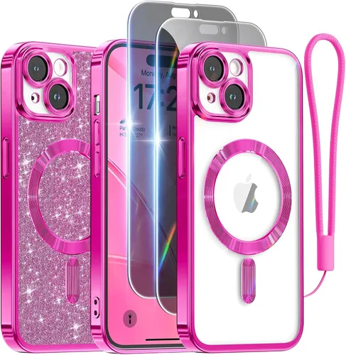 Miniatura 32 de Meifigno Candy Mag Series - Funda diseñada para iPhone 15 Pro, compatible con MagSafe, tarjeta con purpurina y correa de muñeca, protección completa