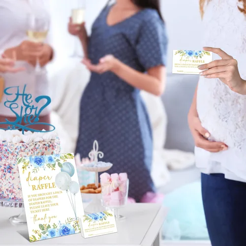 Miniatura 7 de Cartel de 8 x 10 pulgadas para sorteo de pañales con 50 boletos para rifas de pañales, juegos florales azules para baby shower, suministros