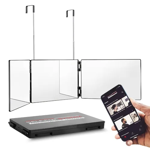 Self-Cut System Espejo de Barbero de 3 Vías con Ganchos Ajustables en Altura, Espejo Tríptico Self Cut de 360° para Cortes de Cabello para Hombres y