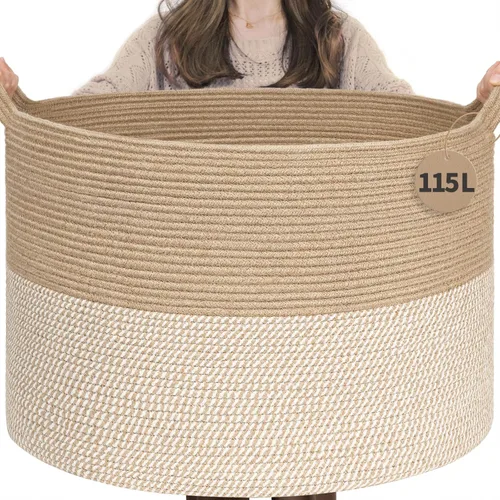 Miniatura 38 de INDRESSME Cesta de Cuerda de Algodón XXXLarge 21.7" x 21.7" x 13.8" Cestas Tejidas para Ropa de Bebé Cestas de Mantas Cesta de Juguetes con Textura