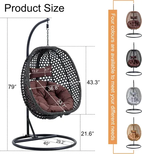 Miniatura 2 de Swining - Silla de huevo con soporte, sillas colgantes de mimbre de ratán para huevos, silla columpio para patio con cojín resistente a los rayos