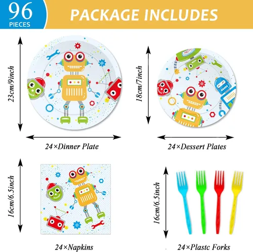 Miniatura 2 de Wiooffen 96 piezas de suministros para fiesta de cumpleaños de robots, platos de papel, servilletas, vajilla desechable, juego de postres