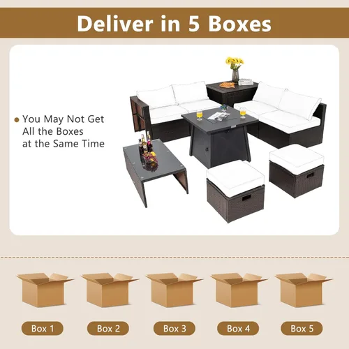 Miniatura 7 de Tangkula Juego de muebles de patio de 9 piezas con mesa para fogata de propano de 30 pulgadas, juego de sofá modular de mimbre de polietileno